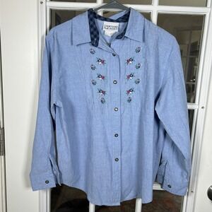 Vintage 90s Jantzan Petite Chambray Floral Embroidered Plaid Collar Shirt Medium